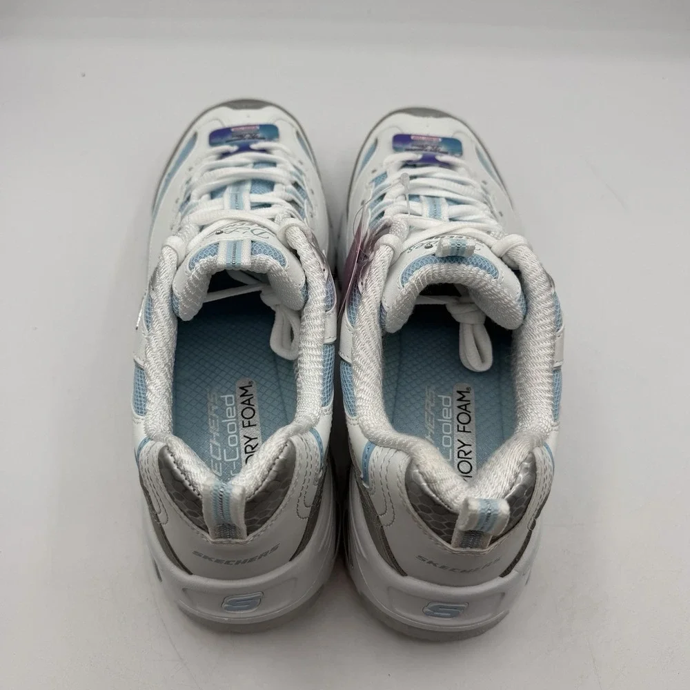 Skechers D'Lites Chromatic Shoes Womens Sz‎ 9.5 White/Silver/Light Blue Sneakers